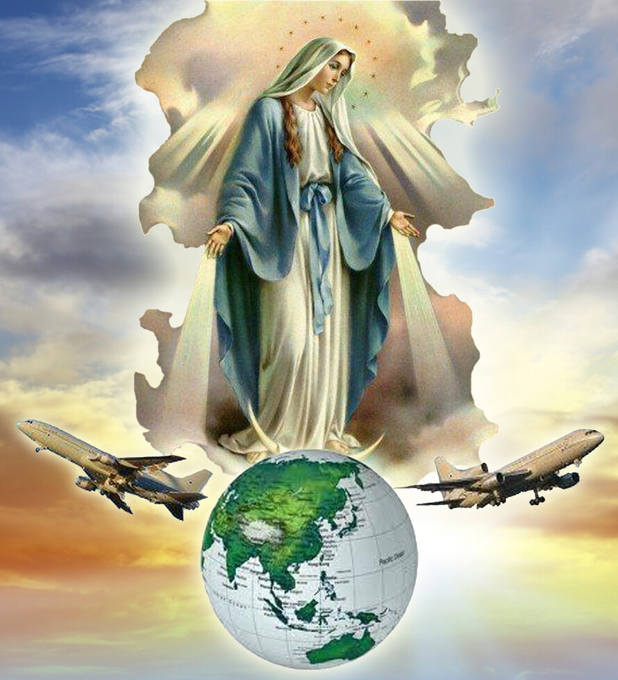 Picture of a saint over the world and two planes flying
